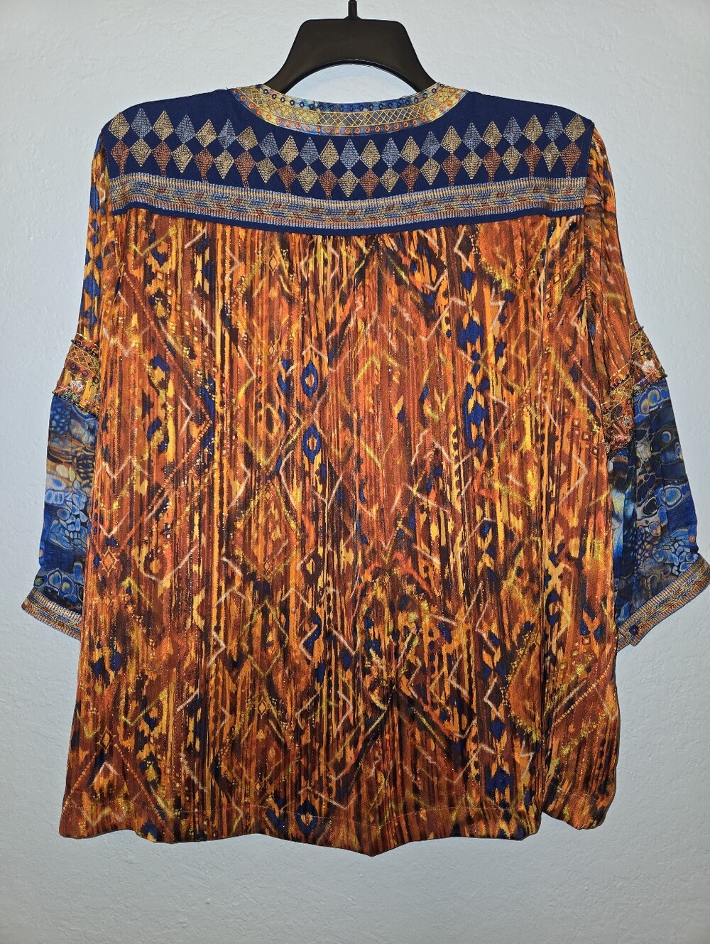 John Mark Multicolor Boho Tassel Blouse in Rust Orange and Navy, Size 1X - Picture 3 of 3